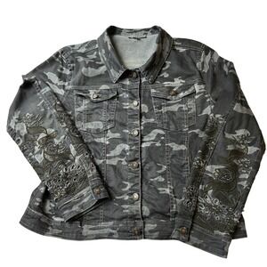 Tempo Paris Camo Denim Jacket L Grey Embroidered Beaded Excellent